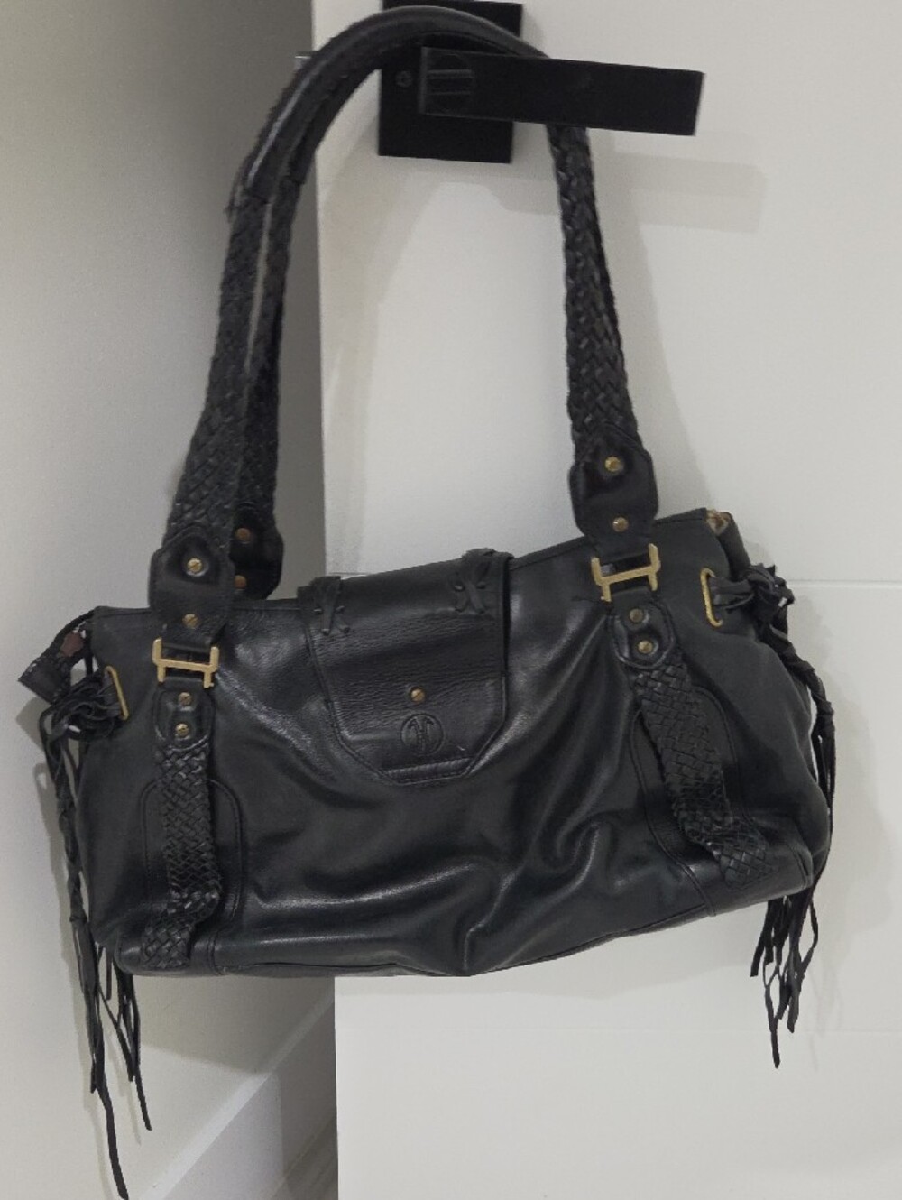 Cole Haan Village Weave Black Leather Shoulder Bag (As-Is / Wear) - Picture 2 of 16